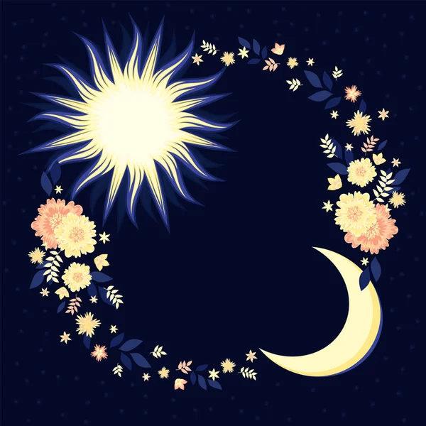Sol decorativo, media luna y flores. Símbolo astrológico y elemento de diseño místico. Fondo azul oscuro. — Vector de stock
