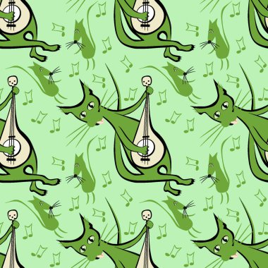 Kusursuz desen, kare arkaplanda sonsuz doku - gitar ve dans eden fareli kedi - grafikler. Parti, eğlence