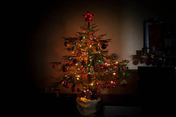 公寓里的经典新年或圣诞真人云杉装饰着古老的玻璃和自制玩具 在云杉的顶部 一颗红星 云杉闪烁着五彩斑斓的灯光 — 图库照片