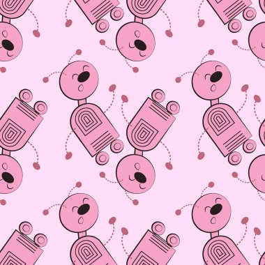 Kusursuz desen, sonsuz doku kare arkaplandaki çizim, stilize edilmiş dans eden robotlar, grafikler. Makine İsyanı, Yapay Zeka, Otomasyon. Robotlaştırma. Tasarım ögeleri - Not defterlerinin kapaklarının dekorasyonu, mobil uygulamalar,