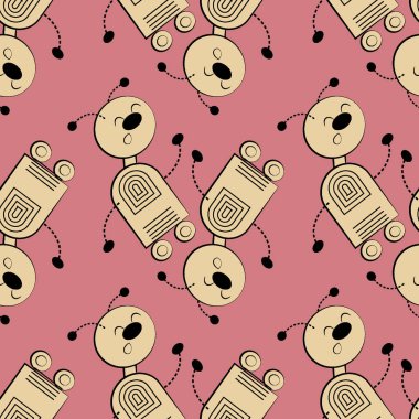 Kusursuz desen, sonsuz doku kare arkaplandaki çizim, stilize edilmiş dans eden robotlar, grafikler. Makine İsyanı, Yapay Zeka, Otomasyon. Robotlaştırma. Tasarım ögeleri - Not defterlerinin kapaklarının dekorasyonu, mobil uygulamalar,