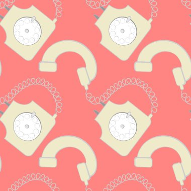 Kusursuz desen, kare arkaplanda sonsuz doku - stilize edilmiş nadir disk telefonlar - grafikler. İletişim, sohbet, iletişim. Tasarım elemanları. Web sitesi, blog, duvar kağıdı, tekstil, ambalaj için arkaplan