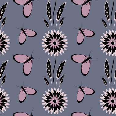 Kusursuz desen, uçsuz bucaksız doku kare arkaplandaki illüstrasyon, stilize çiçekler ve güveler. Tasarım ögeleri - Not defterlerinin, mobil uygulamaların, sitelerin kapaklarının dekorasyonu - Duvar kağıtları, tekstil, paketleme, siteler veya mobil uygulama için arkaplan