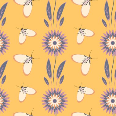 Kusursuz desen, uçsuz bucaksız doku kare arkaplandaki illüstrasyon, stilize çiçekler ve güveler. Tasarım ögeleri - Not defterlerinin, mobil uygulamaların, sitelerin kapaklarının dekorasyonu - Duvar kağıtları, tekstil, paketleme, siteler veya mobil uygulama için arkaplan