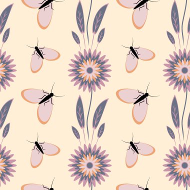 Kusursuz desen, uçsuz bucaksız doku kare arkaplandaki illüstrasyon, stilize çiçekler ve güveler. Tasarım ögeleri - Not defterlerinin, mobil uygulamaların, sitelerin kapaklarının dekorasyonu - Duvar kağıtları, tekstil, paketleme, siteler veya mobil uygulama için arkaplan