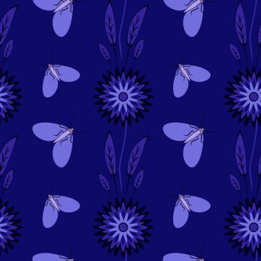 Kusursuz desen, uçsuz bucaksız doku kare arkaplandaki illüstrasyon, stilize çiçekler ve güveler. Tasarım ögeleri - Not defterlerinin, mobil uygulamaların, sitelerin kapaklarının dekorasyonu - Duvar kağıtları, tekstil, paketleme, siteler veya mobil uygulama için arkaplan