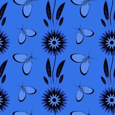 Kusursuz desen, uçsuz bucaksız doku kare arkaplandaki illüstrasyon, stilize çiçekler ve güveler. Tasarım ögeleri - Not defterlerinin, mobil uygulamaların, sitelerin kapaklarının dekorasyonu - Duvar kağıtları, tekstil, paketleme, siteler veya mobil uygulama için arkaplan