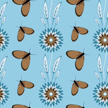 Kusursuz desen, uçsuz bucaksız doku kare arkaplandaki illüstrasyon, stilize çiçekler ve güveler. Tasarım ögeleri - Not defterlerinin, mobil uygulamaların, sitelerin kapaklarının dekorasyonu - Duvar kağıtları, tekstil, paketleme, siteler veya mobil uygulama için arkaplan