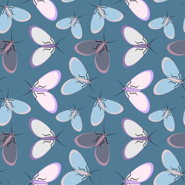 Kusursuz desen, sonsuz doku kare arkaplandaki illüstrasyon, stilize güveler, grafikler. Yaz, böcekler, dayanılmaz yaşam kolaylığı. Tasarım ögeleri - Not defterlerinin, mobil uygulamaların, sitelerin kapaklarının dekorasyonu - Duvar kağıtları, tekstil, pac