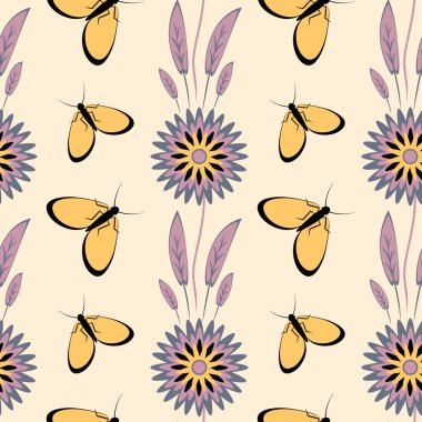 Kusursuz desen, uçsuz bucaksız doku kare arkaplandaki illüstrasyon, stilize çiçekler ve güveler. Tasarım ögeleri - Not defterlerinin, mobil uygulamaların, sitelerin kapaklarının dekorasyonu - Duvar kağıtları, tekstil, paketleme, siteler veya mobil uygulama için arkaplan