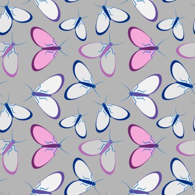 Kusursuz desen, sonsuz doku kare arkaplandaki illüstrasyon, stilize güveler, grafikler. Yaz, böcekler, dayanılmaz yaşam kolaylığı. Tasarım ögeleri - Not defterlerinin, mobil uygulamaların, sitelerin kapaklarının dekorasyonu - Duvar kağıtları, tekstil, pac