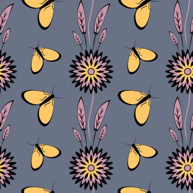 Kusursuz desen, uçsuz bucaksız doku kare arkaplandaki illüstrasyon, stilize çiçekler ve güveler. Tasarım ögeleri - Not defterlerinin, mobil uygulamaların, sitelerin kapaklarının dekorasyonu - Duvar kağıtları, tekstil, paketleme, siteler veya mobil uygulama için arkaplan