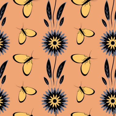 Kusursuz desen, uçsuz bucaksız doku kare arkaplandaki illüstrasyon, stilize çiçekler ve güveler. Tasarım ögeleri - Not defterlerinin, mobil uygulamaların, sitelerin kapaklarının dekorasyonu - Duvar kağıtları, tekstil, paketleme, siteler veya mobil uygulama için arkaplan