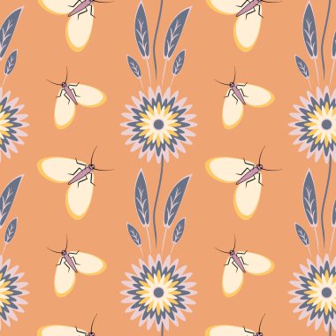 Kusursuz desen, uçsuz bucaksız doku kare arkaplandaki illüstrasyon, stilize çiçekler ve güveler. Tasarım ögeleri - Not defterlerinin, mobil uygulamaların, sitelerin kapaklarının dekorasyonu - Duvar kağıtları, tekstil, paketleme, siteler veya mobil uygulama için arkaplan