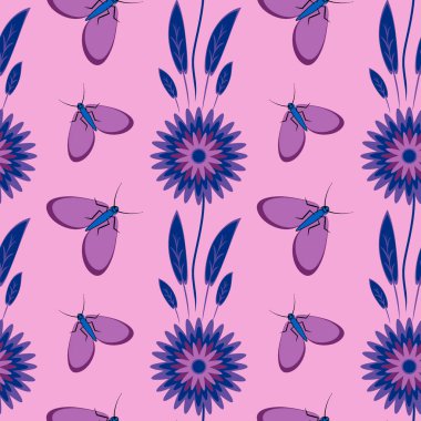 Kusursuz desen, uçsuz bucaksız doku kare arkaplandaki illüstrasyon, stilize çiçekler ve güveler. Tasarım ögeleri - Not defterlerinin, mobil uygulamaların, sitelerin kapaklarının dekorasyonu - Duvar kağıtları, tekstil, paketleme, siteler veya mobil uygulama için arkaplan