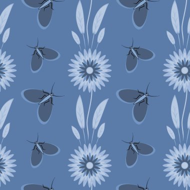 Kusursuz desen, uçsuz bucaksız doku kare arkaplandaki illüstrasyon, stilize çiçekler ve güveler. Tasarım ögeleri - Not defterlerinin, mobil uygulamaların, sitelerin kapaklarının dekorasyonu - Duvar kağıtları, tekstil, paketleme, siteler veya mobil uygulama için arkaplan