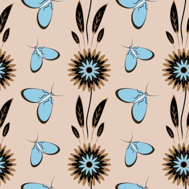 Kusursuz desen, uçsuz bucaksız doku kare arkaplandaki illüstrasyon, stilize çiçekler ve güveler. Tasarım ögeleri - Not defterlerinin, mobil uygulamaların, sitelerin kapaklarının dekorasyonu - Duvar kağıtları, tekstil, paketleme, siteler veya mobil uygulama için arkaplan