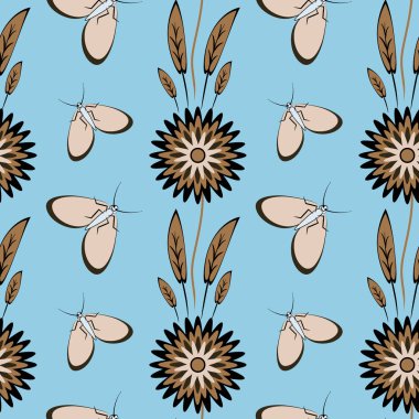 Kusursuz desen, uçsuz bucaksız doku, şekillendirilmiş çiçekler ve güveler. Duvar kağıtları, tekstil, ambalaj