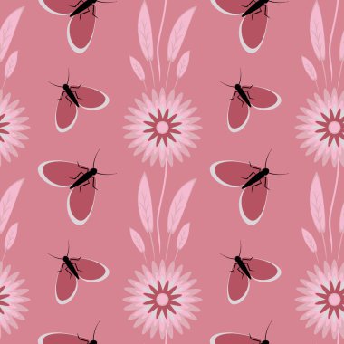 Kusursuz desen, uçsuz bucaksız doku, şekillendirilmiş çiçekler ve güveler. Duvar kağıtları, tekstil, ambalaj