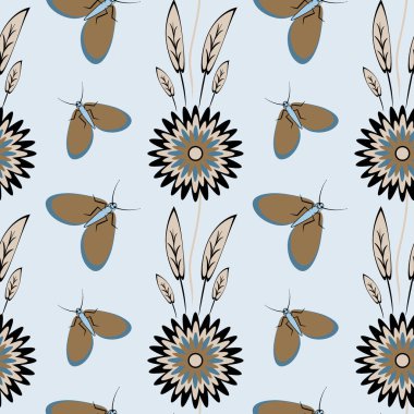 Kusursuz desen, uçsuz bucaksız doku kare arkaplandaki illüstrasyon, stilize çiçekler ve güveler. Tasarım ögeleri - Not defterlerinin, mobil uygulamaların, sitelerin kapaklarının dekorasyonu - Duvar kağıtları, tekstil, paketleme, siteler veya mobil uygulama için arkaplan