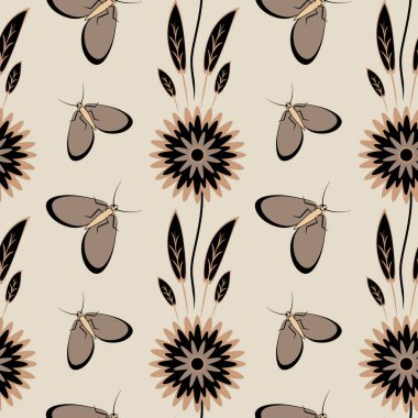 Kusursuz desen, uçsuz bucaksız doku kare arkaplandaki illüstrasyon, stilize çiçekler ve güveler. Tasarım ögeleri - Not defterlerinin, mobil uygulamaların, sitelerin kapaklarının dekorasyonu - Duvar kağıtları, tekstil, paketleme, siteler veya mobil uygulama için arkaplan