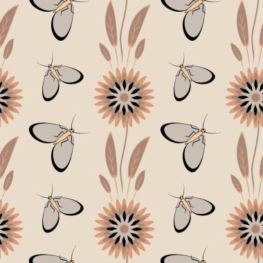 Kusursuz desen, uçsuz bucaksız doku kare arkaplandaki illüstrasyon, stilize çiçekler ve güveler. Tasarım ögeleri - Not defterlerinin, mobil uygulamaların, sitelerin kapaklarının dekorasyonu - Duvar kağıtları, tekstil, paketleme, siteler veya mobil uygulama için arkaplan