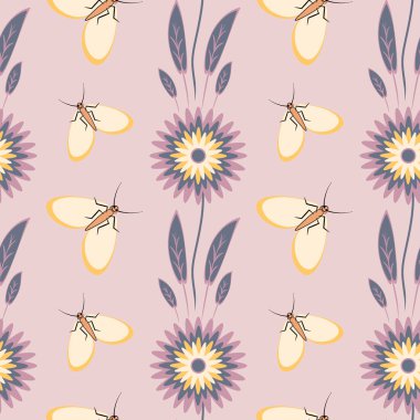 Kusursuz desen, uçsuz bucaksız doku kare arkaplandaki illüstrasyon, stilize çiçekler ve güveler. Tasarım ögeleri - Not defterlerinin, mobil uygulamaların, sitelerin kapaklarının dekorasyonu - Duvar kağıtları, tekstil, paketleme, siteler veya mobil uygulama için arkaplan