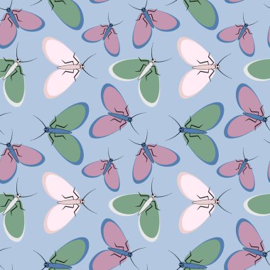 Kusursuz desen, sonsuz doku kare arkaplandaki illüstrasyon, stilize güveler, grafikler. Yaz, böcekler, dayanılmaz yaşam kolaylığı. Tasarım ögeleri - Not defterlerinin, mobil uygulamaların, sitelerin kapaklarının dekorasyonu - Duvar kağıtları, tekstil, pac