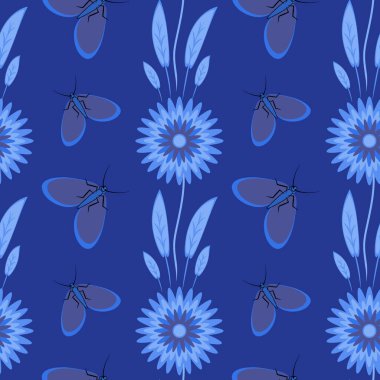 Kusursuz desen, uçsuz bucaksız doku kare arkaplandaki illüstrasyon, stilize çiçekler ve güveler. Tasarım ögeleri - Not defterlerinin, mobil uygulamaların, sitelerin kapaklarının dekorasyonu - Duvar kağıtları, tekstil, paketleme, siteler veya mobil uygulama için arkaplan