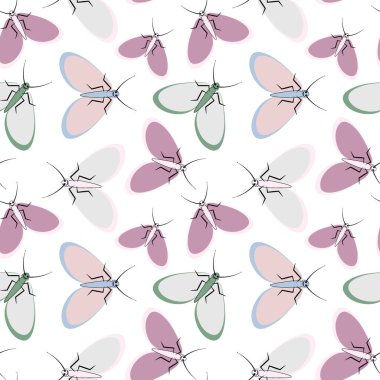 Kusursuz desen, sonsuz doku kare arkaplandaki illüstrasyon, stilize güveler, grafikler. Yaz, böcekler, dayanılmaz yaşam kolaylığı. Tasarım ögeleri - Not defterlerinin, mobil uygulamaların, sitelerin kapaklarının dekorasyonu - Duvar kağıtları, tekstil, pac