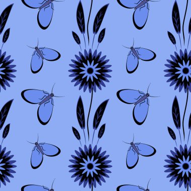 Kusursuz desen, uçsuz bucaksız doku kare arkaplandaki illüstrasyon, stilize çiçekler ve güveler. Tasarım ögeleri - Not defterlerinin, mobil uygulamaların, sitelerin kapaklarının dekorasyonu - Duvar kağıtları, tekstil, paketleme, siteler veya mobil uygulama için arkaplan