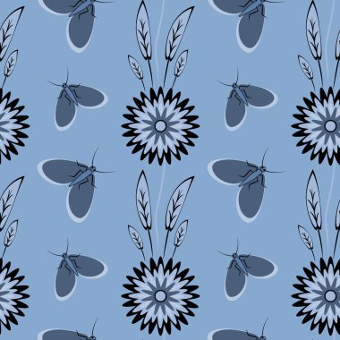 Kusursuz desen, uçsuz bucaksız doku kare arkaplandaki illüstrasyon, stilize çiçekler ve güveler. Tasarım ögeleri - Not defterlerinin, mobil uygulamaların, sitelerin kapaklarının dekorasyonu - Duvar kağıtları, tekstil, paketleme, siteler veya mobil uygulama için arkaplan