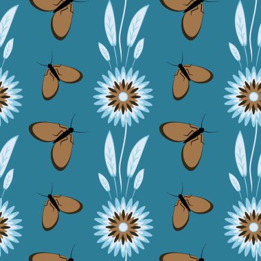 Kusursuz desen, uçsuz bucaksız doku kare arkaplandaki illüstrasyon, stilize çiçekler ve güveler. Tasarım ögeleri - Not defterlerinin, mobil uygulamaların, sitelerin kapaklarının dekorasyonu - Duvar kağıtları, tekstil, paketleme, siteler veya mobil uygulama için arkaplan