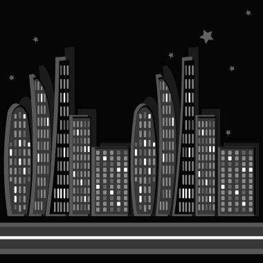 Kare arkaplanda sonsuz bir şerit, biçimlendirilmiş bir gece şehri grafikleri. Megalopolis, modern mimari. Tasarım ögeleri - Oturma oturumu için kapak, mobil uygulamalar, siteler - Duvar kağıtları, tekstil, paketleme, arkaplan dekorasyonu