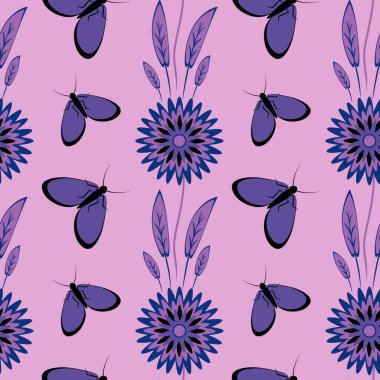 Kusursuz desen, uçsuz bucaksız doku kare arkaplandaki illüstrasyon, stilize çiçekler ve güveler. Tasarım ögeleri - Not defterlerinin, mobil uygulamaların, sitelerin kapaklarının dekorasyonu - Duvar kağıtları, tekstil, paketleme, siteler veya mobil uygulama için arkaplan