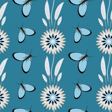 Kusursuz desen, uçsuz bucaksız doku kare arkaplandaki illüstrasyon, stilize çiçekler ve güveler. Tasarım ögeleri - Not defterlerinin, mobil uygulamaların, sitelerin kapaklarının dekorasyonu - Duvar kağıtları, tekstil, paketleme, siteler veya mobil uygulama için arkaplan