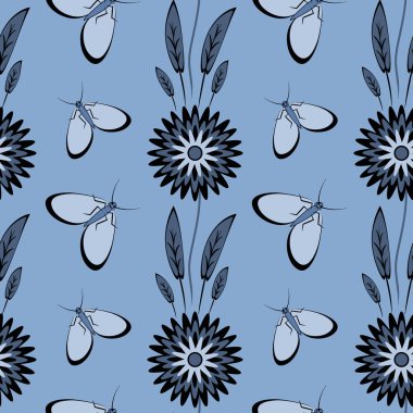 Kusursuz desen, uçsuz bucaksız doku kare arkaplandaki illüstrasyon, stilize çiçekler ve güveler. Tasarım ögeleri - Not defterlerinin, mobil uygulamaların, sitelerin kapaklarının dekorasyonu - Duvar kağıtları, tekstil, paketleme, siteler veya mobil uygulama için arkaplan