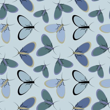 Kusursuz desen, sonsuz doku kare arkaplandaki illüstrasyon, stilize güveler, grafikler. Yaz, böcekler, dayanılmaz yaşam kolaylığı. Tasarım ögeleri - Not defterlerinin, mobil uygulamaların, sitelerin kapaklarının dekorasyonu - Duvar kağıtları, tekstil, pac