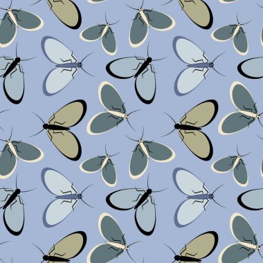 Kusursuz desen, sonsuz doku kare arkaplandaki illüstrasyon, stilize güveler, grafikler. Yaz, böcekler, dayanılmaz yaşam kolaylığı. Tasarım ögeleri - Not defterlerinin, mobil uygulamaların, sitelerin kapaklarının dekorasyonu - Duvar kağıtları, tekstil, pac