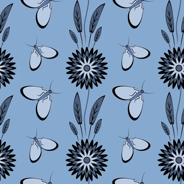 シームレスなパターン 無限の質感 正方形の背景のイラスト 様式化された花や蛾 デザイン要素 ノートブック モバイルアプリケーション 壁紙サイトのカバーの装飾 メーカー パッケージ — ストックベクタ