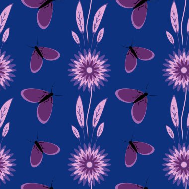 Kusursuz desen, uçsuz bucaksız doku kare arkaplandaki illüstrasyon, stilize çiçekler ve güveler. Tasarım ögeleri - Not defterlerinin, mobil uygulamaların, sitelerin kapaklarının dekorasyonu - Duvar kağıtları, tekstil, paketleme, siteler veya mobil uygulama için arkaplan