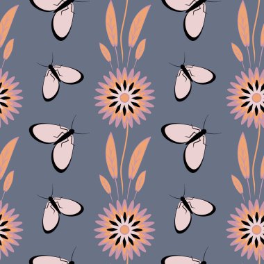 Kusursuz desen, uçsuz bucaksız doku kare arkaplandaki illüstrasyon, stilize çiçekler ve güveler. Tasarım ögeleri - Not defterlerinin, mobil uygulamaların, sitelerin kapaklarının dekorasyonu - Duvar kağıtları, tekstil, paketleme, siteler veya mobil uygulama için arkaplan