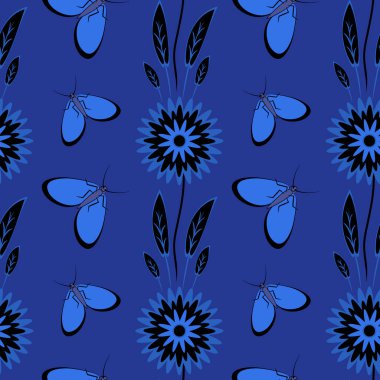 Kusursuz desen, uçsuz bucaksız doku kare arkaplandaki illüstrasyon, stilize çiçekler ve güveler. Tasarım ögeleri - Not defterlerinin, mobil uygulamaların, sitelerin kapaklarının dekorasyonu - Duvar kağıtları, tekstil, paketleme, siteler veya mobil uygulama için arkaplan