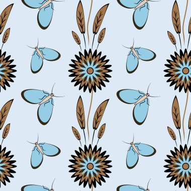 Kusursuz desen, uçsuz bucaksız doku kare arkaplandaki illüstrasyon, stilize çiçekler ve güveler. Tasarım ögeleri - Not defterlerinin, mobil uygulamaların, sitelerin kapaklarının dekorasyonu - Duvar kağıtları, tekstil, paketleme, siteler veya mobil uygulama için arkaplan