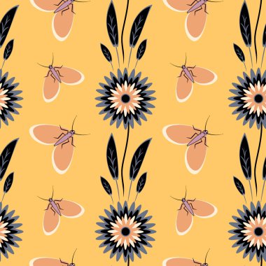 Kusursuz desen, uçsuz bucaksız doku kare arkaplandaki illüstrasyon, stilize çiçekler ve güveler. Tasarım ögeleri - Not defterlerinin, mobil uygulamaların, sitelerin kapaklarının dekorasyonu - Duvar kağıtları, tekstil, paketleme, siteler veya mobil uygulama için arkaplan