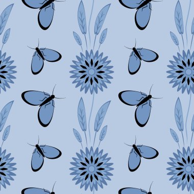 Kusursuz desen, uçsuz bucaksız doku kare arkaplandaki illüstrasyon, stilize çiçekler ve güveler. Tasarım ögeleri - Not defterlerinin, mobil uygulamaların, sitelerin kapaklarının dekorasyonu - Duvar kağıtları, tekstil, paketleme, siteler veya mobil uygulama için arkaplan