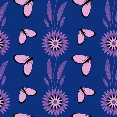 Kusursuz desen, uçsuz bucaksız doku kare arkaplandaki illüstrasyon, stilize çiçekler ve güveler. Tasarım ögeleri - Not defterlerinin, mobil uygulamaların, sitelerin kapaklarının dekorasyonu - Duvar kağıtları, tekstil, paketleme, siteler veya mobil uygulama için arkaplan