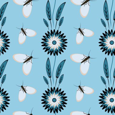 Kusursuz desen, uçsuz bucaksız doku kare arkaplandaki illüstrasyon, stilize çiçekler ve güveler. Tasarım ögeleri - Not defterlerinin, mobil uygulamaların, sitelerin kapaklarının dekorasyonu - Duvar kağıtları, tekstil, paketleme, siteler veya mobil uygulama için arkaplan