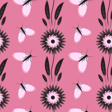 Kusursuz desen, uçsuz bucaksız doku kare arkaplandaki illüstrasyon, stilize çiçekler ve güveler. Tasarım ögeleri - Not defterlerinin, mobil uygulamaların, sitelerin kapaklarının dekorasyonu - Duvar kağıtları, tekstil, paketleme, siteler veya mobil uygulama için arkaplan