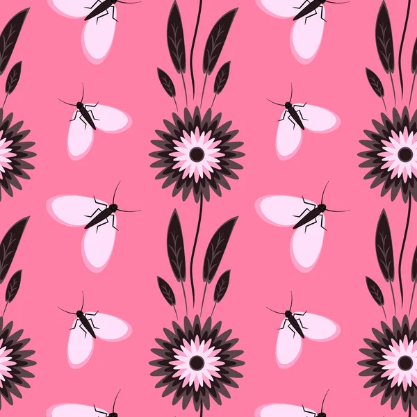 シームレスなパターン 無限の質感 正方形の背景のイラスト 様式化された花や蛾 デザイン要素 ノートブック モバイルアプリケーション 壁紙サイトのカバーの装飾 メーカー パッケージ — ストックベクタ